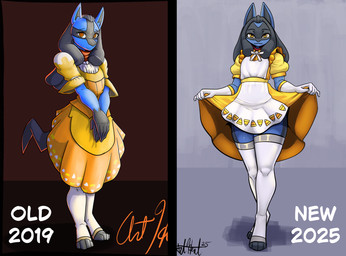 ambiguous_gender anthro biped black_body black_fur blue_body blue_fur clothed clothing clothing_lift dreadlocks dress dress_lift front_view fur orange_eyes solo standing thick_thighs bear213 nintendo pokemon luco_canhya canid canine generation_4_pokemon lucario mammal pokemon_(species) hi_res male_(lore)