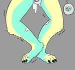anthro balls blue_body bodily_fluids chasity chastity_cage chastity_device cum cum_on_face cum_on_feet feet genital_fluids genitals looking_pleasured male male/male pawpads paws penis shaking_legs small_balls small_penis solo yellow_body braejidraws canid canine mammal hi_res