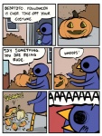 ambiguous_gender anthro beak dialogue food fruit holidays humor plant pumpkin speech_bubble text what nedroid halloween reginald_(nedroid) avian bird 2011 comic english_text