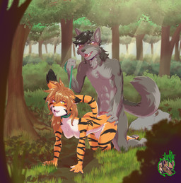 abs all_fours anal anal_penetration animal_genitalia animal_penis anthro anthro_on_anthro anthro_penetrated anthro_penetrating anthro_penetrating_anthro areola bdsm blush bodily_fluids breasts butt canine_genitalia canine_penis canon_x_oc chest_tuft collar detailed_background doggystyle dominant dominant_male dripping duo erection feet female female_penetrated forest from_behind_position fur genitals hair hand_on_butt holding_leash holding_object interspecies knot leash leash_pull looking_pleasured male male/female male_penetrating male_penetrating_female nipples nude open_mouth outside pawpads penetration penile penile_penetration penis penis_in_ass plant saliva saliva_drip sex smile striped_body striped_fur stripes submissive submissive_female sweat tail toes tree tuft tinto_(artist) twokinds flora_(twokinds) canid canine canis felid fox mammal pantherine tiger absurd_res digital_media_(artwork) hi_res