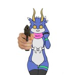 :3 aiming aiming_at_viewer anthro belly blue_body blue_fur bovid bovine caprine chestwear clothing eyebrows fingers floppy_ears fur goat gun hair handgun head_tuft hooved_fingers hooves horn intimidation legband legwear long_horn looking_at_viewer m1911_pistol male mammal multicolored_body multicolored_fur multicolored_hair owo penetration pink_scarf pistol raised_eyebrows ranged_weapon real realistic_hand ribbons scarf simple_background solo thigh_highs thighband tuft two_tone_hair unknown_artist wavy_horn weapon white_belly wolt wristband yellow_eyes yellow_horn zap_goat