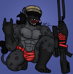 abs anthro barazoku black_hair bow_ribbon bulge camo camo_clothing camo_hat camo_headgear camo_headwear camo_print clothing fur gun hair hair_over_eye hat headgear headwear holding_object holding_weapon male muscular muscular_anthro muscular_male open_mouth pattern_clothing pattern_hat pattern_headgear pattern_headwear pecs ranged_weapon rifle sharp_teeth smile sniper_rifle solo tail teeth tongue tongue_out weapon wrapped_penis wrappings wraps isaiahtse renegade_(frenzythebat) hyena mammal digital_media_(artwork) hi_res