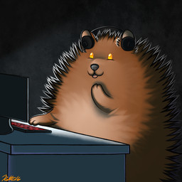 3_fingers brown_body brown_fur computer countershading desk electronics feral fingers fur furniture grey_background headphones inside keyboard laugh male monitor open_mouth orange_eyes poof semi-anthro simple_background solo table textured_background conditional_dnp ratte bearphones bear brown_bear grizzly_bear mammal ursine 1:1 2016 digital_media_(artwork) signature