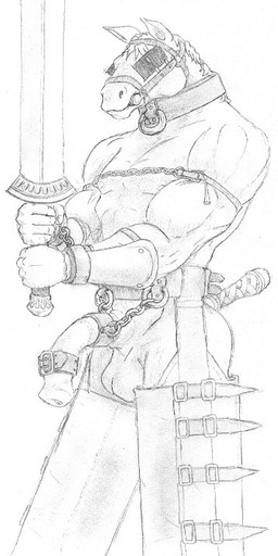 anthro balls bdsm blinders bondage bound bridle broadsword chain chained chaps collar eyewear furgonomics genitals half-erect leather male melee_weapon nipples penis petplay ponyplay roleplay scabbard solo submissive submissive_male sword weapon salamander_(artist) equid equine horse mammal monochrome