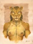 2018 anthro breasts brown_hair felid female fur hair lion looking_at_viewer mammal muscular muscular_anthro muscular_female nipples oil_painting_(artwork) painting_(artwork) pantherine pink_nose portrait scale_(artist) small_breasts solo traditional_media_(artwork) whiskers yellow_body yellow_eyes yellow_fur