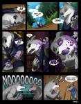 2015 absurd_res amber_eyes angry anthro armello baldric canid canine canis clothed clothing cloud comic dialogue digital_media_(artwork) english_text exclamation_point forest fur grass hi_res infection league_of_geeks male mammal melee_weapon mustelid otter plant purpleground02 question_mark sword sylas_(armello) text thane_(armello) tree weapon wolf yelling