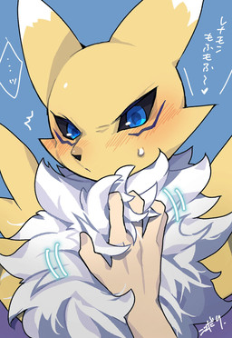 ambiguous_gender annoyed black_sclera blue_eyes blush bodily_fluids cheek_tuft chest_tuft dipstick_ears duo ear_markings facial_tuft first_person_view multicolored_ears petting sweat sweatdrop text touching_chest tuft white_body yellow_body kokokokokodari bandai_namco digimon canid digimon_(species) human mammal renamon 2025 digital_drawing_(artwork) digital_media_(artwork) hi_res japanese_text translation_request