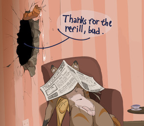 anthro balls biped brown_body chair container cup dialogue furniture genitals hole_in_wall male newspaper penis sitting solo speech_bubble tea_cup text dreamy_pride mammal english_text hi_res