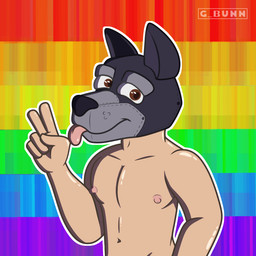 2_fingers animal_mask bdsm bodily_fluids breasts brown_eyes eyebrows fingers lgbt_pride male male/male mask navel nipples petplay pride pride_colors pup_mask puppyplay rainbow_flag rainbow_pride_flag rainbow_symbol ring_bell roleplay simple_background solo sweat tongue g_bunn welp lgbt_pride_month canid canine human mammal 1:1 hi_res