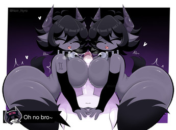 anthro big_breasts big_butt bodily_fluids breast_grab breasts butt cum cum_on_penis female feral genital_fluids genitals group hand_on_breast male nude penis sex thick_thighs trio trio_focus trio_in_panel noir_nyro fan_character bovid caprine goat mammal hi_res