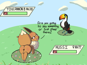 animal_genitalia animal_vulva canine_genitalia canine_vulva duo female feral flower genitals male male/female paws plant pokemon_battle sky text vulva diwzay3 nintendo pokemon mussi avian bird eevee generation_1_pokemon generation_7_pokemon pokemon_(species) toucannon 4:3 english_text hi_res
