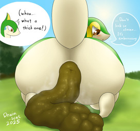 anthro anus big_butt blush butt butt_focus dialogue duo embarrassed feces feces_in_ass feces_on_ground feces_pile female female/female forest green_body huge_butt multicolored_body outside plant pooping pooping_on_floor rear_view sky speech_bubble tail tan_body text tree two_tone_body wide_hips drain_scat nintendo pokemon generation_5_pokemon pokemon_(species) reptile scalie servine snivy 2025 english_text hi_res sibling_(lore) sister_(lore) sisters_(lore)