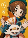 ambiguous_gender anthro black_eyes brown_eyes brown_hair buckteeth cheek_tuft clothing duo ear_grab facial_tuft female fur gesture hair hat headgear headwear heart_symbol larger_female larger_human light looking_at_viewer multicolored_body multicolored_fur orange_body orange_ears orange_fur salute short_hair simple_background size_difference smaller_anthro smile sweater teeth topwear tuft two_tone_body two_tone_fur white_body white_fur yellow_background yellow_inner_ear mofge nintendo pokemon gloria_(pokemon) generation_8_pokemon human lagomorph leporid mammal pokemon_(species) scorbunny 3:4 lighting shaded