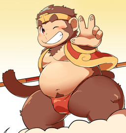 anthro asian_clothing belly blush brown_body brown_fur bulge clothing east_asian_clothing fundoshi fur humanoid_hands japanese_clothing kemono male navel one_eye_closed overweight overweight_anthro overweight_male pubes slightly_chubby solo thick_thighs underwear wink 12beat13 haplorhine mammal monkey primate 2016
