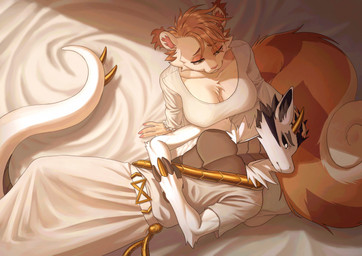 anthro breasts cleavage clothed clothing duo female fur hair half-closed_eyes hand_on_head horn looking_at_another lying male male/female narrowed_eyes on_back petting sitting smile tail nyeong mythology monarch_(pwpwpw) tamia_(pwpwpw) dragon mammal mythological_creature mythological_scalie rodent scalie sciurid tree_squirrel digital_media_(artwork) hi_res