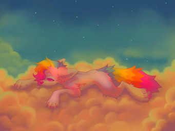detailed_background feral fur hair lying male multicolored_body multicolored_fur multicolored_hair multicolored_tail on_front pink_body pink_eyes pink_fur pink_nose purple_body purple_fur rainbow_body rainbow_fur rainbow_hair rainbow_tail sky solo sparklefur tail m1ss1ngtexture halo_(m1ss1ngtexture) canid canine canis domestic_dog mammal 2025 4:3 colorful_theme hi_res
