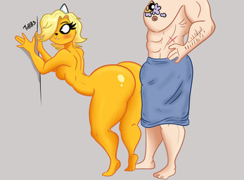 anthro blonde_hair breasts butt chest_tattoo duo female hair horn male male/female muscular muscular_male orange_body tattoo towel white_eyes tibbs adventure_time cartoon_network bronwyn_(adventure_time) finn_the_human bear canid canine canis domestic_dog human hybrid mammal pup_(adventure_time) rainicorn hi_res adopted_(lore) niece_(lore) uncle_(lore) uncle_and_niece_(lore)