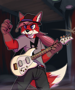 anthro bass_guitar black_claws black_nose brown_body brown_ears brown_fur brown_hair claws clothing dipstick_ears dipstick_tail ear_markings fangs fur gloves_(marking) guitar hair inner_ear_fluff male markings midriff multicolored_ears musical_instrument open_mouth plucked_string_instrument purple_eyes red_body red_ears red_fur red_tail solo standing string_instrument tail tail_markings teeth tuft white_body white_fur white_inner_ear_fluff white_tail martinballamore canid canine fox mammal 2018 absurd_res hi_res