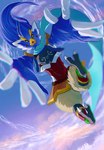 action_scene anthro feet imminent_grab loose_hair male scarf sky solo winged_arms wings chikichikitaron breath_of_the_wild nintendo the_legend_of_zelda revali avian rito hi_res