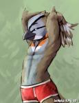 anthro beak boxer_briefs clothed clothing green_background hands_behind_head iron_artist male raised_arms red_clothing red_underwear simple_background skimpy smile solo standing topless underwear bastriw avian bird 2017 digital_media_(artwork) hi_res