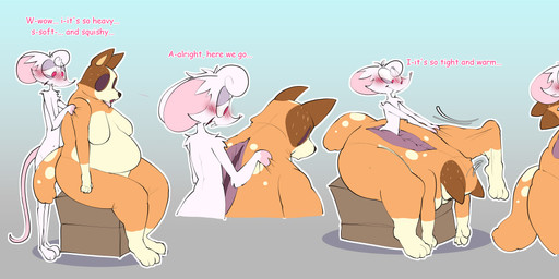 age_difference anthro blush clothing clothing_pull costume costume_transformation disguise female femboy flustered gender_transformation hollow_eyes male mask mature_female moan mtf_transformation older_female overweight overweight_female slim solo suit_transformation suiting suiting_sequence text thick_thighs transformation yeenskunk bluey_(series) cassidy_(yeenskunk) chilli_heeler australian_cattle_dog canid canine canis cattledog domestic_dog herding_dog mammal mouse murid murine pastoral_dog rodent absurd_res hi_res long_image sequence wide_image mother_(lore) parent_(lore)