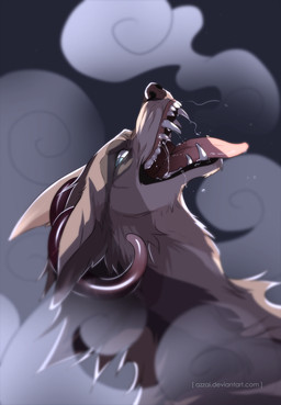 ambiguous_gender blue_eyes bodily_fluids brown_horn brown_nose dripping fangs feral fur horn long_snout looking_back open_mouth open_smile pink_tongue saliva saliva_drip saliva_string side_view smile snout solo tan_body tan_fur teeth tongue tongue_out azzai canid canine mammal 2016 colored digital_drawing_(artwork) digital_media_(artwork) shaded