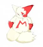 ambiguous_gender black_nose chest_tuft fur generation_3_pokemon kneeling looking_at_viewer mahonex navel nintendo open_mouth overweight overweight_ambiguous pokemon pokemon_(species) simple_background slightly_chubby solo tuft white_background white_body white_fur zangoose