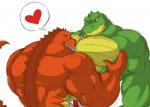 abs alligator alligatorid anthro athletic biceps big_muscles bottomwear brother_(lore) clothed clothing crocodile crocodilian crocodylid dialogue duo forked_tongue green_body green_skin grin grope heart_symbol horn licking male male/male muscular muscular_male open_mouth orange_body orange_eyes orange_skin pants pec_grab pecs pose reptile romantic romantic_couple scales scalie shorts sibling_(lore) simple_background smile standing tongue tongue_out topless wani white_background who yellow_body yellow_skin yongdasom