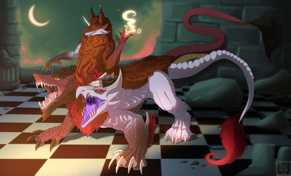anthro detailed_background feral group male male/male multi_head multi_limb taur_transformation transformation trio blakezarks capcom monster_hunter mythology canid canine canis dragon elder_dragon malzeno mammal mythological_creature mythological_scalie scalie taur wolf absurd_res cel_shading digital_media_(artwork) hi_res shaded