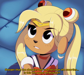 anthro asian_clothing blonde_hair caption clothing cosplay dialogue east_asian_clothing fake_screencap female hair japanese_clothing japanese_school_uniform school_uniform screencap_redraw serafuku solo text uniform npczoey disney ducktales ducktales_(2017) sailor_moon_(series) sailor_moon_redraw_challenge fauxanne canid canine canis domestic_dog mammal absurd_res english_text hi_res meme redraw subtitled