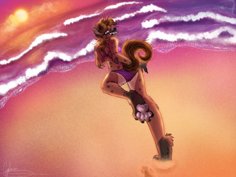 4_toes anthro barefoot beach bikini black_claws black_nails black_nose breasts brown_body brown_fur brown_hair brown_tail butt butt_pose claws clothing colored_nails facial_markings feet female finger_claws footprint fur gloves_(marking) hair head_markings inner_ear_fluff leg_markings looking_at_viewer looking_back markings medium_breasts muzzle_(marking) nails outside pawpads pawprint paws pink_pawpads pink_tongue pose purple_bikini purple_bikini_bottom purple_bikini_top purple_clothing purple_eyes purple_swimwear running sand sea seaside sky snout snout_markings socks_(marking) soles solo spots spotted_body spotted_fur spotted_markings sun sunset swimwear tail tan_body tan_fur tan_inner_ear tan_inner_ear_fluff teeth thigh_markings toe_claws toes tongue tongue_out tuft two-piece_swimsuit water wave whisker_spots cyberisincrediblygay trevor_pride_(knotfunny) hyena mammal spotted_hyena 2022 4:3 digital_media_(artwork) hi_res signature herm_(lore) nonbinary_(lore)