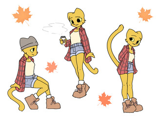 anthro autumn beverage boots bottomwear clothing coffee denim denim_bottomwear denim_clothing denim_shorts female flannel footwear hat headgear headwear leaf looking_away shoes shorts simple_background sitting solo standing white_background filthypally microsoft prequel_adventure the_elder_scrolls katia_managan felid khajiit mammal hi_res