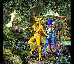 anthro archway arms_tied barefoot blonde_hair blue_body blue_eyes blue_fur blue_hair bound building claws collar day detailed_background duo featureless_crotch feet female fence flower fluffy fluffy_tail fountain fur gag gagged gazebo grass hair holding_object house inner_ear_fluff leaf leash leash_pull male monotone_body monotone_fur monotone_hair multicolored_body multicolored_fur multicolored_hair nature neck_tuft nude outside park path plant red_body red_eyes red_fur red_hair restraints rock rose_(flower) shrub sky standing straitjacket tail toe_claws tree tuft two_tone_body two_tone_fur two_tone_hair yellow_body yellow_fur jeffusherb mythology dragon equid equine furred_dragon furred_scalie horse hybrid mammal mythological_creature mythological_scalie scalie wingless_dragon detailed digital_media_(artwork) digital_painting_(artwork) painting_(artwork) pixel_(artwork)