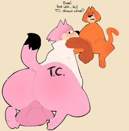 anthro anus backsack balls barefoot big_balls big_butt big_penis biped black_eyes black_nose black_tail blush body_writing bottomless butt clothed clothing confusion darkened_balls darkened_genitalia darkened_penis dialogue duo feet foreskin fur genitals half-closed_eyes humanoid_genitalia humanoid_penis kneeling looking_at_another looking_at_genitalia looking_at_penis male male/male multicolored_body multicolored_fur narrowed_eyes nude open_mouth orange_body orange_fur orange_tail partially_clothed penis pink_body pink_ears pink_fur pink_tail question_mark rear_view simple_background sitting smile sweater tail tan_body tan_fur text thick_thighs three-quarter_view tongue topwear two_tone_body two_tone_fur two_tone_tail vein veiny_penis whiskers white_clothing white_sweater white_topwear writing_on_butt sushiamazing hanna-barbera top_cat_(series) brain_(top_cat) choo-choo_(top_cat) domestic_cat felid feline felis mammal 2026 absurd_res comic digital_media_(artwork) english_text hi_res
