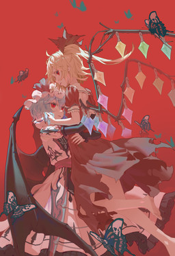 ambiguous_gender barefoot blonde_hair blue_hair carrying_another clothing colored_nails crystal dress duo_focus feet female feral fingernails frilly frilly_clothing frilly_dress group hair hug hugging_another lifted_by_hug membrane_(anatomy) membranous_wings nails pupils red_background red_clothing red_dress red_eyes red_fingernails red_nails sharp_fingernails sharp_nails simple_background slit_pupils unusual_anatomy unusual_wings white_clothing white_dress wings yopofen touhou flandre_scarlet remilia_scarlet arthropod butterfly humanoid insect lepidopteran vampire winged_humanoid absurd_res hi_res sibling_(lore) sister_(lore) sisters_(lore)