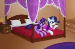 bed canopy_bed carpet cutie_mark drawer drinking duo female feral flower fur furniture glass hair horn inside lamp magic multicolored_hair on_bed pillow plant purple_body purple_fur purple_hair quadruped tail two_tone_hair white_body furor1 friendship_is_magic hasbro my_little_pony mythology rarity_(mlp) twilight_sparkle_(mlp) equid equine mammal mythological_creature mythological_equine unicorn hi_res