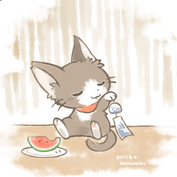 ambiguous_gender eyes_closed feral food fruit fur grey_body grey_fur melon multicolored_body multicolored_fur open_mouth plant scarf solo toony watermelon watermelon_slice whiskers white_body white_fur wind_chime kanannbo domestic_cat felid feline felis mammal 1:1 2017 low_res signature