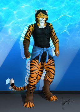 anthro black_bottomwear black_clothing black_hair black_topwear bottomwear brown_clothing brown_footwear clothed clothing footwear front_view fur hair looking_at_viewer male male_anthro markings mouth_closed reflection solo standing striped_arms striped_body striped_fur striped_legs striped_markings striped_tail stripes tail tail_markings topwear white_body white_fur yellow_body yellow_eyes yellow_fur hufnaar felid mammal pantherine tiger 2015 dated full-length_portrait hi_res portrait signature