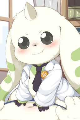 accessory ambiguous_gender anthro beady_eyes belly blush clothing coat detailed_background duo first_person_view horn inside lab_coat long_ears navel necktie on_another's_belly shortstack sitting size_difference slightly_chubby smile straddling topwear toruu bandai_namco digimon digimon_(species) terriermon terriermon_assistant absurd_res hi_res