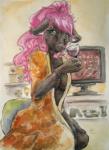 anthro bathrobe beverage black_body black_fur breasts clothed clothing computer electronics female food fur glass green_eyes hair inside long_hair monitor pink_hair pink_nose robe solo dlost fray_(twinfoxes) bovid caprine domestic_sheep mammal sheep 2012 hi_res