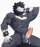 abs anthro balls biceps big_penis bodily_fluids claws collar cuff_(restraint) cum cum_on_chest cum_on_penis erection fur genital_fluids genitals hair hands_behind_head humanoid_genitalia humanoid_penis male muscular muscular_anthro muscular_male navel nipples pecs penis raised_arm restraints simple_background smile solo teeth white_background wrist_cuffs jrjresq marsh_(jrjresq) bear black_bear mammal moon_bear ursine 2023 hi_res