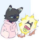 ambiguous_gender anthro bell bell_collar black_body black_fur blue_eyes cat_ear_headband clothing collar fur heterochromia hoodie pink_clothing pink_hoodie pink_topwear solo topwear yellow_eyes bunonthemoon domestic_cat felid feline felis mammal 2022 hi_res