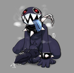 animal_genitalia balls black_body black_fur black_penis bodily_fluids bracelet breath chain erection fur genital_fluids genitals grey_background jewelry knot knotted_penis looking_at_viewer male open_mouth penis precum sharp_teeth sheath simple_background simple_eyes smile solo teeth text tongue tongue_out completedlemon mario_bros nintendo chain_chomp 2026 english_text hi_res
