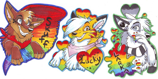 ambiguous_gender black_eyebrows black_nose black_text blue_eyes brown_body brown_fur claws clothing eyebrows eyelashes feral feral_with_hair fur green_claws grey_body grey_fur grey_inner_ear grin hair hair_over_eye head_tuft kerchief neckerchief neckwear pattern_clothing pattern_scarf paws pink_kerchief pink_neckerchief red_kerchief red_neckerchief scarf smile snout solo striped_clothing striped_inner_ear striped_scarf stripes teeth text tuft two_tone_inner_ear white_body white_fur white_hair white_inner_ear yellow_body yellow_fur blondefoxy larka_novaine lucky_(blondefoxy) skuff_coyote canid canine canis coyote mammal wolf 2008 character_badge_(artwork) character_name marker_(artwork) multiple_images pen_(artwork) shaded traditional_media_(artwork)