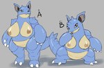 anthro areola blue_body breasts brown_eyes brown_nipples claws female horn nipples nude semi-anthro short_legs solo tan_areola tan_nipples hidoihito nintendo pokemon generation_1_pokemon mammal nidoqueen pokemon_(species)