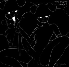 :3 anthro balls bedroom_eyes big_balls big_penis black_background black_body black_fur blush bodily_fluids chest_tuft erection fur genital_fluids genitals humanoid_genitalia humanoid_penis leaking_precum looking_at_viewer male narrowed_eyes penis precum saliva seductive simple_background sitting solo text tongue tongue_out tuft puppysnackz puppysnackz_(character) canid canine canis domestic_dog mammal 2025 english_text greyscale hi_res monochrome