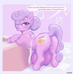 animal_genitalia animal_vulva anus apron bakery baking big_butt big_teats big_udders bodily_fluids butt clitoral_winking clitoris clothing cooking cutie_mark darkened_anus darkened_genitalia darkened_teats darkened_udders darkened_vulva dessert dialogue dock_(anatomy) equine_anus equine_genitalia equine_teats equine_udders equine_vulva female feral food genital_fluids genitals hair hair_bun honey_(food) huge_teats huge_udders pink_body presenting presenting_hindquarters presenting_vulva puffy_anus purple_anus purple_hair purple_teats purple_udders purple_vulva raised_tail solo tail tail_anus teats text udders vaginal_fluids vulva ponie666 hasbro my_little_pony honey_drip_(character) earth_pony equid equine horse mammal pony english_text