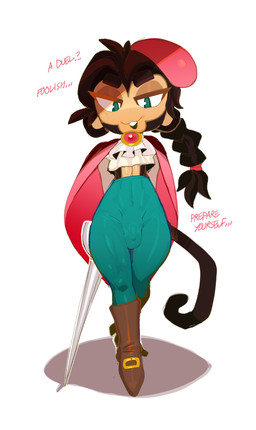 anthro beret boots bottomwear braided_hair brown_body brown_fur brown_hair bulge cape clothing commanding_viewer crop_top dialogue femboy footwear frilly frilly_clothing fur hair half-closed_eyes hat headgear headwear high_waisted_bottomwear high_waisted_pants looking_at_viewer looking_down looking_down_at_viewer male melee_weapon narrowed_eyes open_mouth pants shirt shoes simple_background solo sword talking_to_viewer teal_eyes teeth text tight_bottomwear tight_clothing tight_pants topwear weapon white_background goatboydraws bloons_tower_defense ninja_kiwi dan_d'monke haplorhine mammal monkey primate absurd_res english_text hi_res