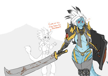 anthro areola armor belt black_nipples blue_body blue_skin blush bone breasts cleavage clothed clothing convincing_weapon duo embarrassed female garter_belt garter_straps gauntlets gloves hair handwear heart_symbol knee_pads legwear melee_weapon nipples open_mouth panties red_eyes shield shoulder_pads simple_background skimpy skull stockings stripes sword tail text unconvincing_armor underwear weapon synxirazu-niam fols synxirazu-niam_(character) felid mammal scalie english_text hi_res