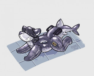 anthro female grey_body handles_on_tail implied_transformation inflatable inner_tube lying on_front permanent_smile smile solo tail wet anthromage anna_magenta animate_inanimate aquatic fish living_inflatable shark 2025 hi_res